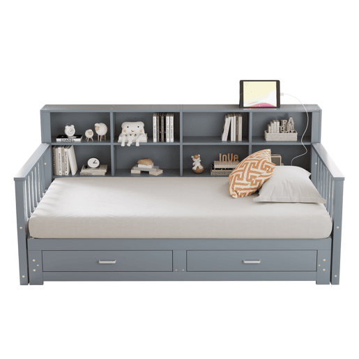 Sofá-cama extensível 90180x190 cm - Com armário de arrumação, 2 gavetas e estrado, multifuncional - Cinza