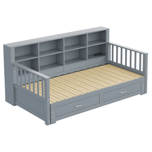 Sofá-cama extensível 90180x190 cm - Com armário de arrumação, 2 gavetas e estrado, multifuncional - Cinza