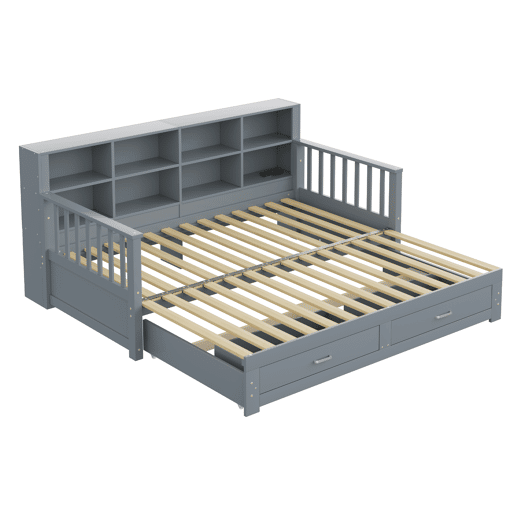 Sofá-cama extensível 90180x190 cm - Com armário de arrumação, 2 gavetas e estrado, multifuncional - Cinza
