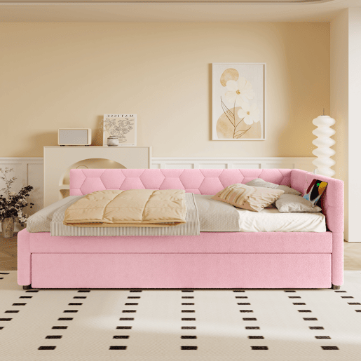 Daybett, 90x200cm - Sofá-cama, com estrado (sem colchão), candeeiro de cabeceira, cama extensível multifuncional, porta USB e tipo C, material confortável, imitação de veludo - Rosa