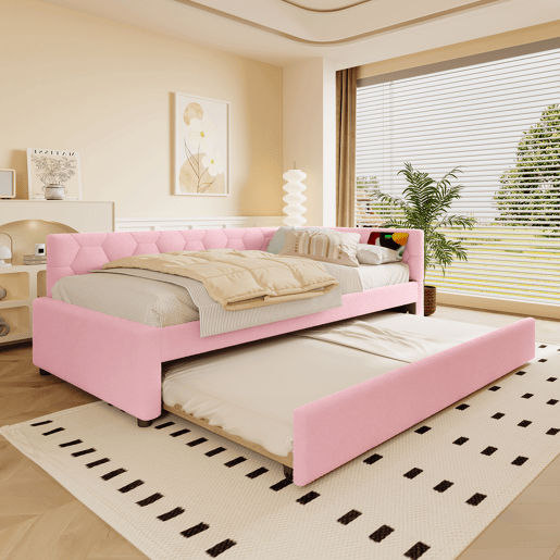 Daybett, 90x200cm - Sofá-cama, com estrado (sem colchão), candeeiro de cabeceira, cama extensível multifuncional, porta USB e tipo C, material confortável, imitação de veludo - Rosa