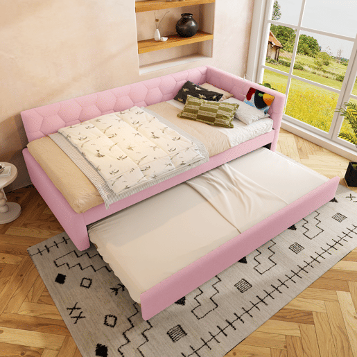 Daybett, 90x200cm - Sofá-cama, com estrado (sem colchão), candeeiro de cabeceira, cama extensível multifuncional, porta USB e tipo C, material confortável, imitação de veludo - Rosa