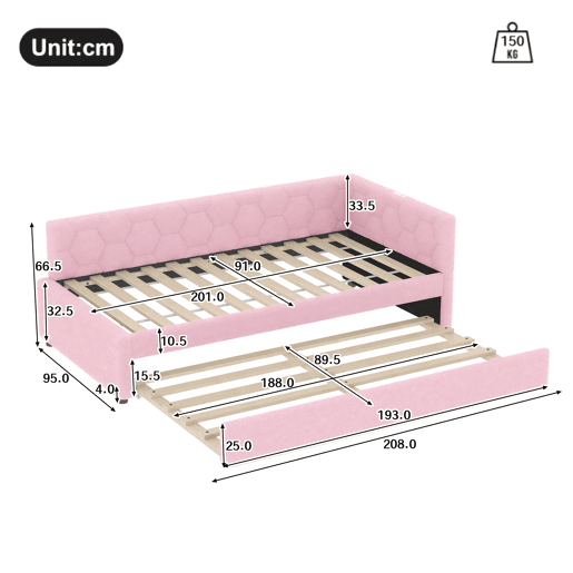Daybett, 90x200cm - Sofá-cama, com estrado (sem colchão), candeeiro de cabeceira, cama extensível multifuncional, porta USB e tipo C, material confortável, imitação de veludo - Rosa