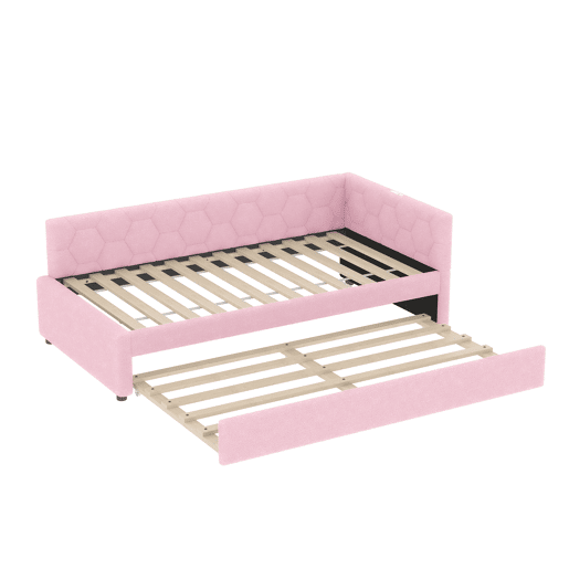 Daybett, 90x200cm - Sofá-cama, com estrado (sem colchão), candeeiro de cabeceira, cama extensível multifuncional, porta USB e tipo C, material confortável, imitação de veludo - Rosa