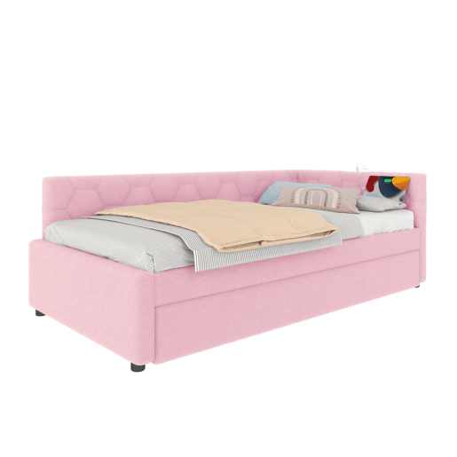 Daybett, 90x200cm - Sofá-cama, com estrado (sem colchão), candeeiro de cabeceira, cama extensível multifuncional, porta USB e tipo C, material confortável, imitação de veludo - Rosa