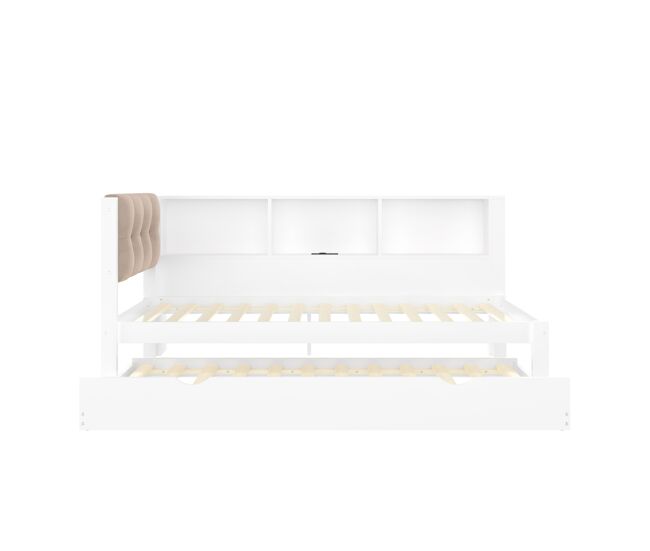 Cama tipo daybed 90x200cm - sofá cama, cama extraíble, led dimmable, estante, usb - blanco