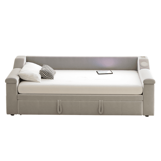 Sofá-cama 90180x190 cm - Braço largo e grosso, com sistema de som Bluetooth inteligente, com porta USB, com compartimentos, com estrado, tecido de veludo - Cinza claro