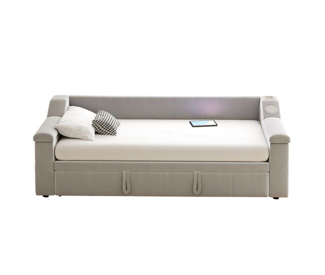 Sofá cama 90/180x190 cm - brazo ancho y grueso, con sistema estéreo bluetooth inteligente, con puerto usb, con compartimentos, con somier, tela de