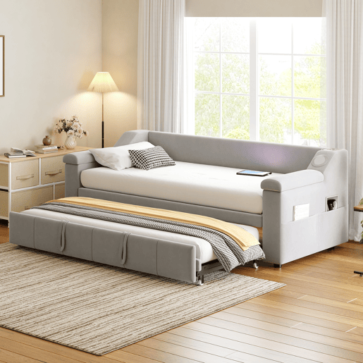 Sofá-cama 90180x190 cm - Braço largo e grosso, com sistema de som Bluetooth inteligente, com porta USB, com compartimentos, com estrado, tecido de veludo - Cinza claro