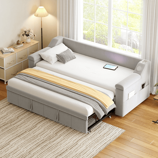 Sofá-cama 90180x190 cm - Braço largo e grosso, com sistema de som Bluetooth inteligente, com porta USB, com compartimentos, com estrado, tecido de veludo - Cinza claro
