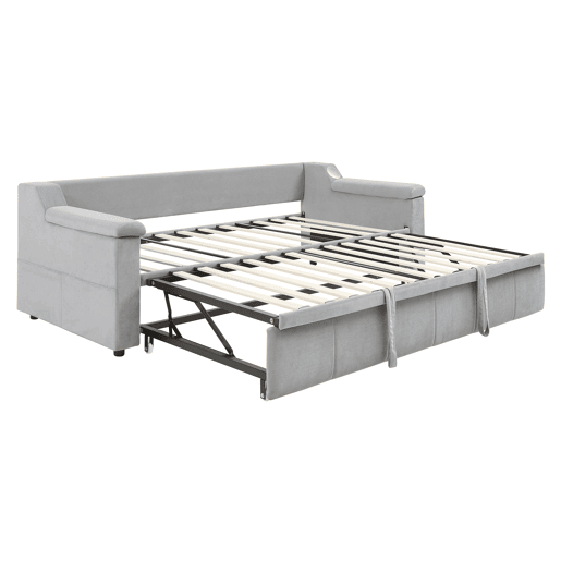 Sofá-cama 90180x190 cm - Braço largo e grosso, com sistema de som Bluetooth inteligente, com porta USB, com compartimentos, com estrado, tecido de veludo - Cinza claro