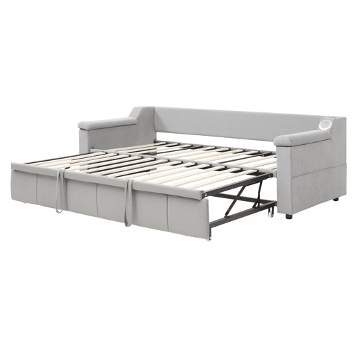 Sofá-cama 90180x190 cm - Braço largo e grosso, com sistema de som Bluetooth inteligente, com porta USB, com compartimentos, com estrado, tecido de veludo - Cinza claro