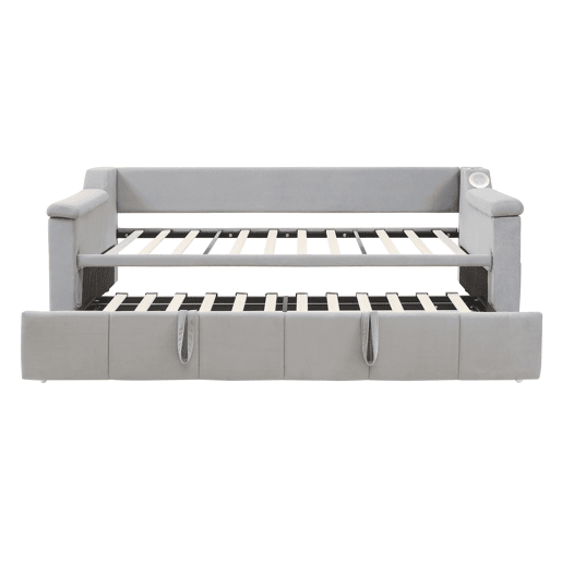 Sofá-cama 90180x190 cm - Braço largo e grosso, com sistema de som Bluetooth inteligente, com porta USB, com compartimentos, com estrado, tecido de veludo - Cinza claro