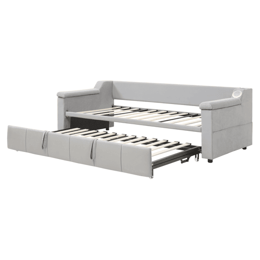 Sofá-cama 90180x190 cm - Braço largo e grosso, com sistema de som Bluetooth inteligente, com porta USB, com compartimentos, com estrado, tecido de veludo - Cinza claro