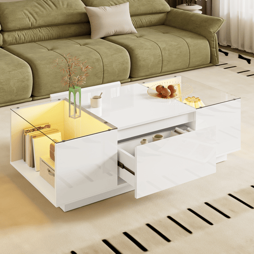 Mesa de centro retangular de painel de partículas com 2 gavetas e luz led,branco Mesa de centro retangular de painel de partículas com 2 gavetas e luz led,branco