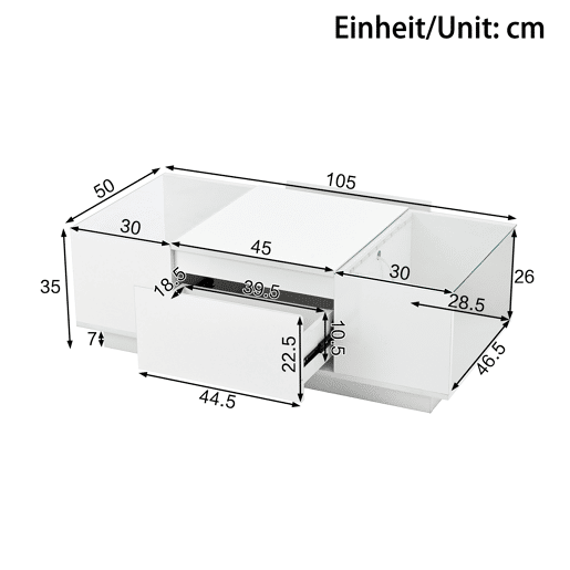 Mesa de centro retangular de painel de partículas com 2 gavetas e luz led,branco Mesa de centro retangular de painel de partículas com 2 gavetas e luz led,branco
