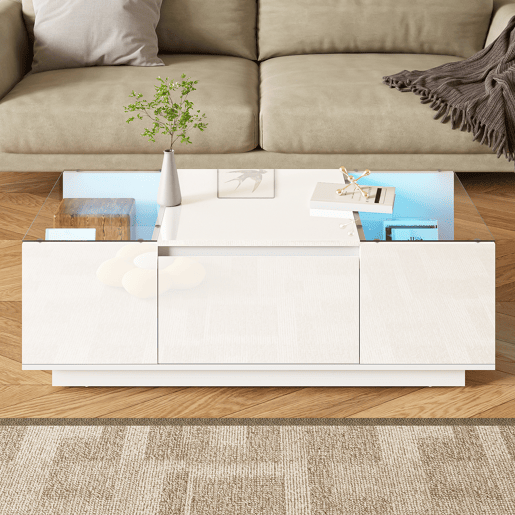 Mesa de centro retangular de painel de partículas com 2 gavetas e luz led,branco Mesa de centro retangular de painel de partículas com 2 gavetas e luz led,branco