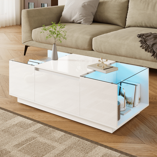 Mesa de centro retangular de painel de partículas com 2 gavetas e luz led,branco Mesa de centro retangular de painel de partículas com 2 gavetas e luz led,branco