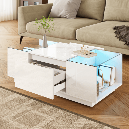 Mesa de centro retangular de painel de partículas com 2 gavetas e luz led,branco Mesa de centro retangular de painel de partículas com 2 gavetas e luz led,branco