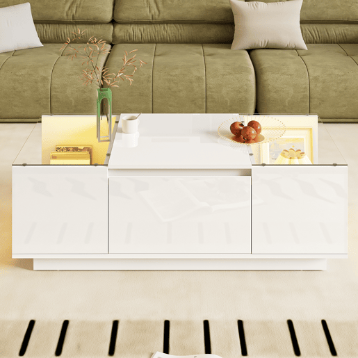 Mesa de centro retangular de painel de partículas com 2 gavetas e luz led,branco Mesa de centro retangular de painel de partículas com 2 gavetas e luz led,branco