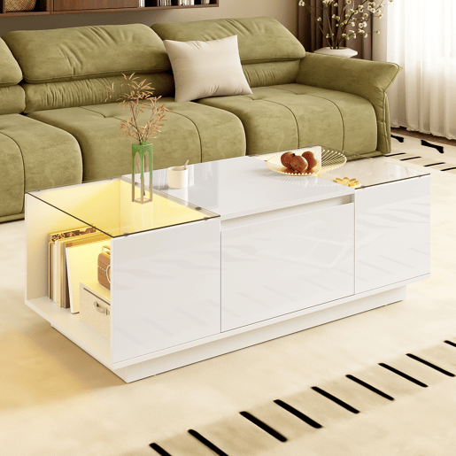 Mesa de centro retangular de painel de partículas com 2 gavetas e luz led,branco Mesa de centro retangular de painel de partículas com 2 gavetas e luz led,branco