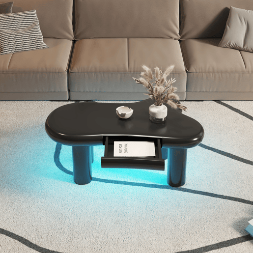 Mesa de centro irregular de mdf com 1 gaveta e luz led,preto Mesa de centro irregular de mdf com 1 gaveta e luz led,preto