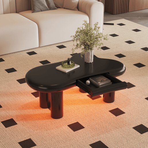 Mesa de centro irregular de mdf com 1 gaveta e luz led,preto Mesa de centro irregular de mdf com 1 gaveta e luz led,preto