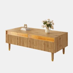 Mesa de centro retangular de mdf com 2 gavetas e luz led,natural