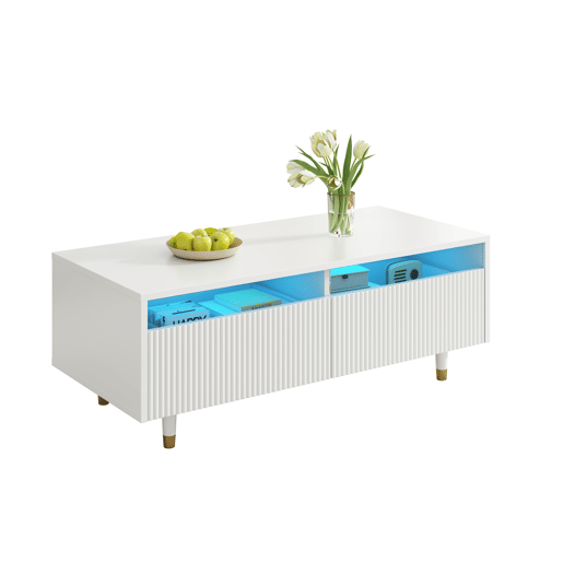 Mesa de centro retangular de mdf com 2 gavetas e luz led,branco Mesa de centro retangular de mdf com 2 gavetas e luz led,branco