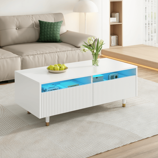 Mesa de centro retangular de mdf com 2 gavetas e luz led,branco Mesa de centro retangular de mdf com 2 gavetas e luz led,branco