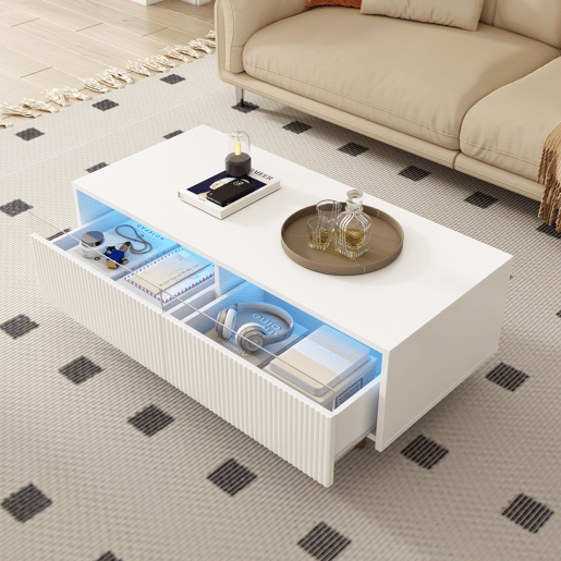 Mesa de centro retangular de mdf com 2 gavetas e luz led,branco Mesa de centro retangular de mdf com 2 gavetas e luz led,branco