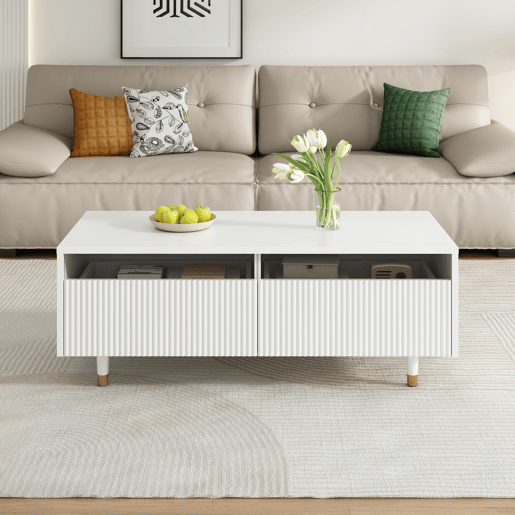 Mesa de centro retangular de mdf com 2 gavetas e luz led,branco Mesa de centro retangular de mdf com 2 gavetas e luz led,branco