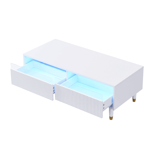 Mesa de centro retangular de mdf com 2 gavetas e luz led,branco Mesa de centro retangular de mdf com 2 gavetas e luz led,branco