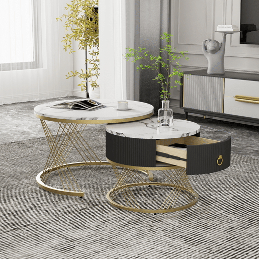 Conjunto de 2 mesas de centro nido redondas de mdf com 1 gaveta,branco