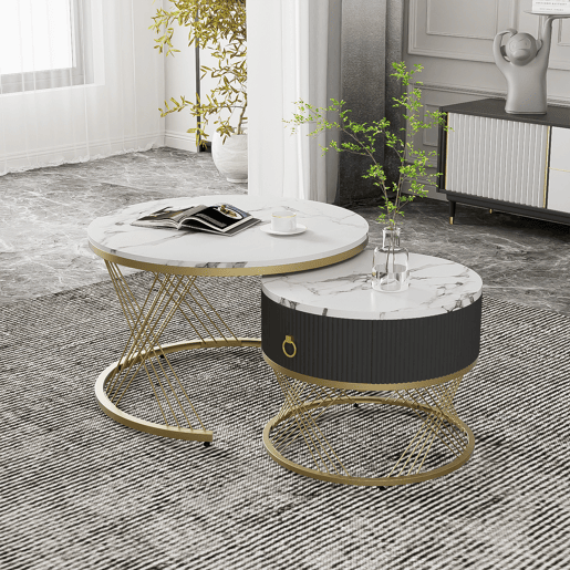 Conjunto de 2 mesas de centro nido redondas de mdf com 1 gaveta,branco