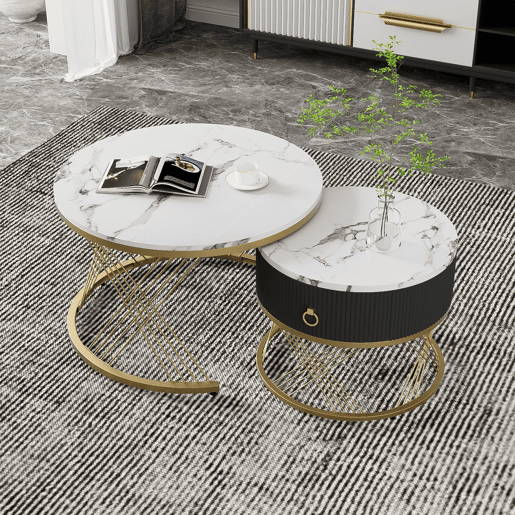 Conjunto de 2 mesas de centro nido redondas de mdf com 1 gaveta,branco