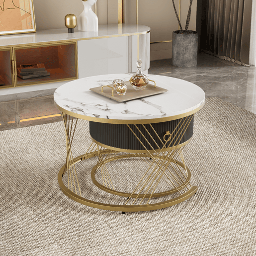 Conjunto de 2 mesas de centro nido redondas de mdf com 1 gaveta,branco