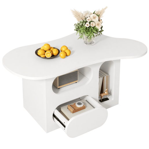 Mesa de centro irregular de painel de partículas com 1 gaveta,branco