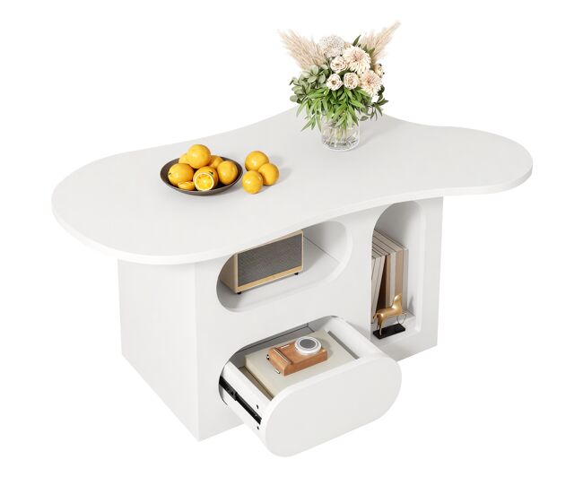 Mesa de centro irregular de panel de partículas con 1 cajón,blanco