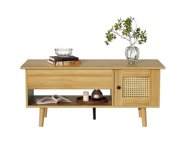 Mesa de centro elevable rectangular de panel de partículas con 2 puertas,natural