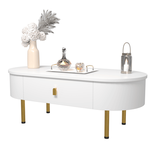 Mesa de centro oval de mdf com 2 gavetas,branco