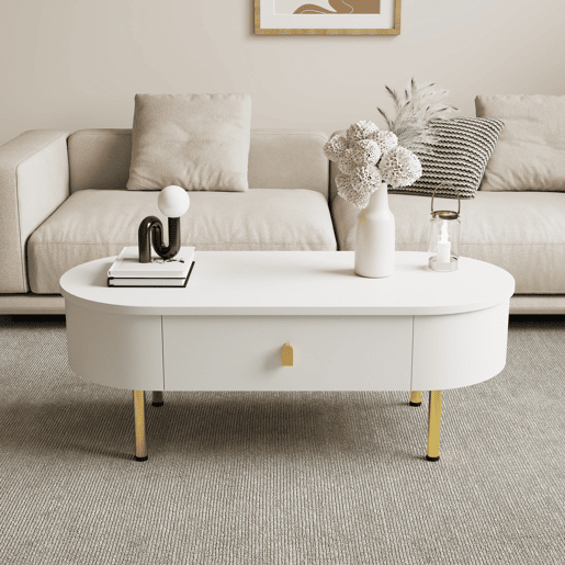 Mesa de centro oval de mdf com 2 gavetas,branco