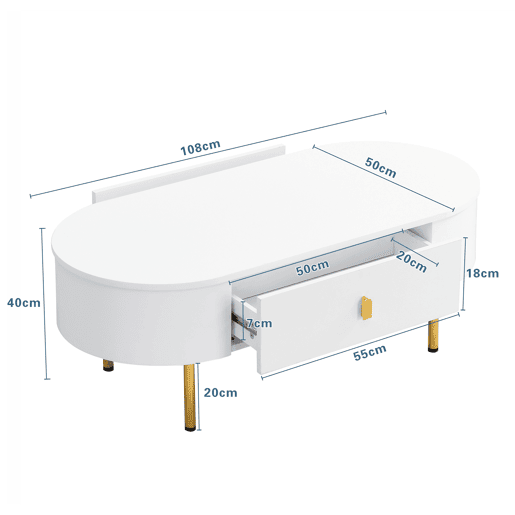 Mesa de centro oval de mdf com 2 gavetas,branco