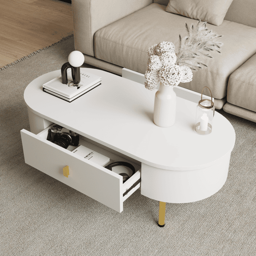 Mesa de centro oval de mdf com 2 gavetas,branco