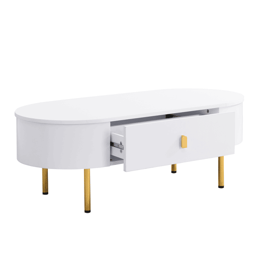 Mesa de centro oval de mdf com 2 gavetas,branco