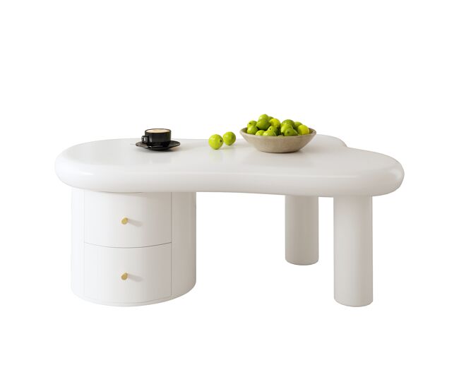 Mesa de centro irregular de mdf con 2 cajones,blanco