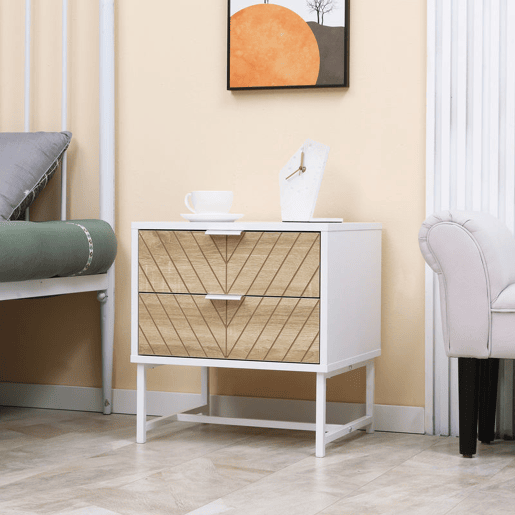 HOMCOM Mesa de Cabeceira com 2 Gavetas Mesa Auxiliar com Pés de Aço para Sala de Estar Dormitório 45x39x48cm Carvalho e Branco