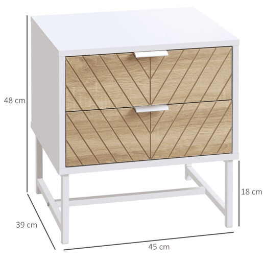 HOMCOM Mesa de Cabeceira com 2 Gavetas Mesa Auxiliar com Pés de Aço para Sala de Estar Dormitório 45x39x48cm Carvalho e Branco