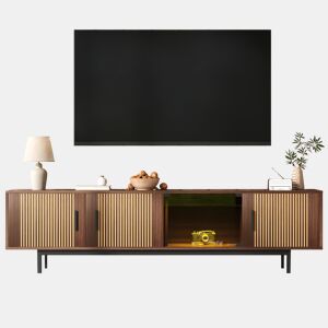 Móvel de TV 200cm de mdf e painel de partículas com 4 portas e luz led,noz