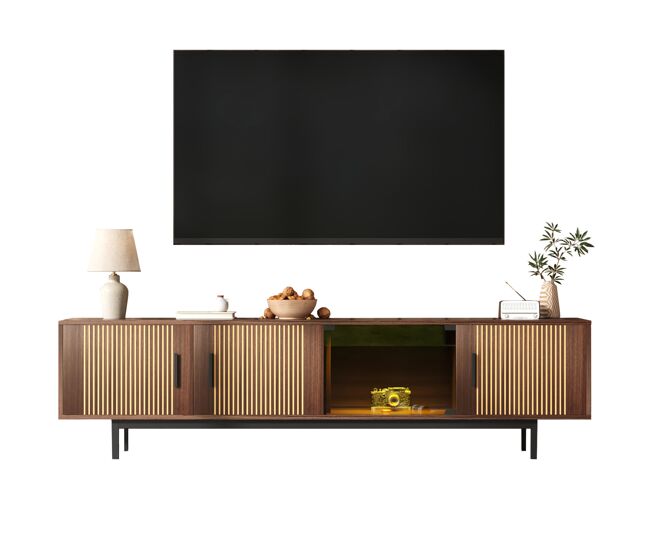 Mueble TV 200cm de mdf y panel de partículas con 4 puertas y luz led,nogal